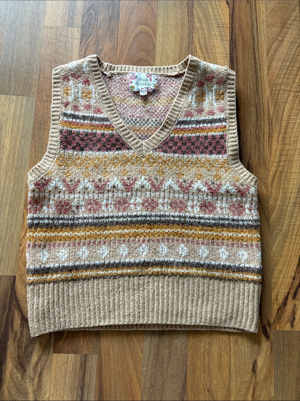 Pink Republic Beige Fair Isle V-Neck Sweater Vest with Pink and Mustard Accents